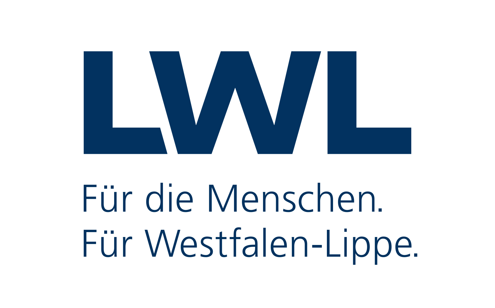 Drei große dunkelblaue Buchstaben LWL mit Unterzeile Für die Menschen. Für Westfalen.Lippe ebenfalls in Dunkelblau